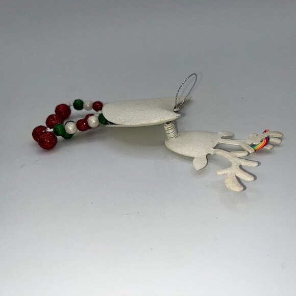 Vintage Pier One Pier 1 Metal Glitter Reindeer Ornament Red Green Dangly Legs - Picture 15 of 15